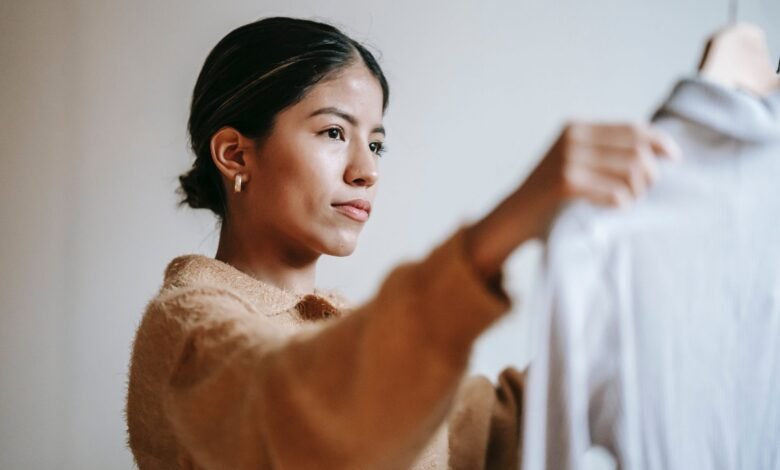 A woman checking quality fabrics before buying