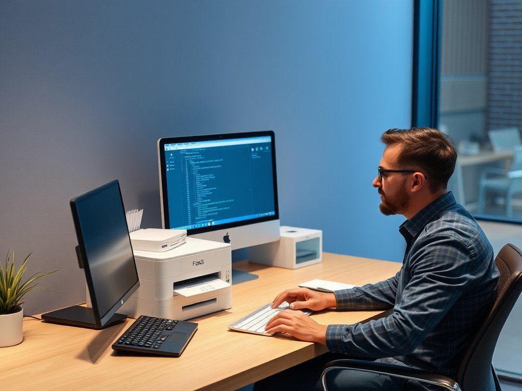 Business professional using web-based fax machines and holding documents