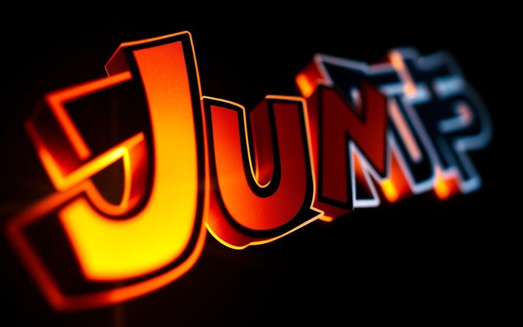 A breathtaking close-up of the iconic "Shonen Jump" logo, showcasing the dynamic blend of bold lines, vibrant colors, and a sense of movement. The logo appears to be illuminated from within, casting a warm glow against a dark, shadowy background, creating a dramatic and captivating effect. The perspective is slightly angled, giving the image a sense of depth and drawing the viewer's attention to the intricate details of the logo design. The lighting is carefully crafted, with highlights and shadows accentuating the three-dimensional nature of the logo, making it appear to leap off the page. The overall mood is one of excitement, energy, and the thrill of discovering the latest manga masterpieces from the legendary Shonen Jump publication.