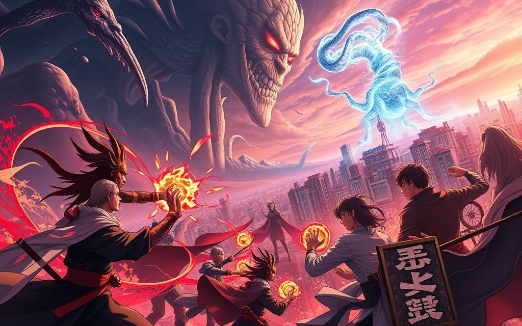 A breathtaking landscape of the Jujutsu Kaisen universe, showcasing the key arcs that have defined its legacy. In the foreground, a dynamic battle scene unfolds, with sorcerers wielding intricate cursed techniques and powerful shikigami. The middle ground features iconic characters, their expressions and body language conveying the intensity and emotion of the narrative. The background is a stunning blend of ethereal realms and the grounded, urban setting of Tokyo, reflecting the duality at the heart of the series. Dramatic lighting casts dramatic shadows, while a cinematic camera angle and depth of field enhance the sense of scale and drama. An awe-inspiring vision that captures the essence of Jujutsu Kaisen's most pivotal moments.