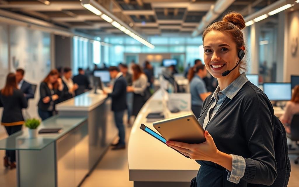 A bustling customer service center, bathed in warm, inviting lighting. In the foreground, a friendly customer service representative smiles warmly, ready to assist a customer with a tablet in hand. The middle ground features a sleek, modern reception desk and a queue of satisfied clients. In the background, the office space is filled with activity, with employees collaborating at their desks and the hum of productivity. The scene conveys a sense of efficiency, professionalism, and a genuine commitment to providing exceptional service.