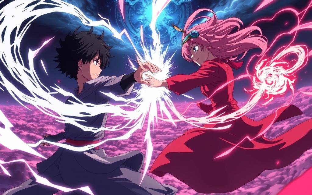 A captivating anime scene of a dynamic Jujutsu Kaisen battle, featuring Yuji Itadori and Megumi Fushiguro locked in an intense duel. The foreground depicts the two protagonists clashing with supernatural techniques, their expressions intense and focused. The middle ground showcases the expansive, atmospheric setting - a vast, ethereal landscape filled with swirling energy and mystic elements. The background is shrouded in an awe-inspiring, moody ambiance, lit by dramatic chiaroscuro lighting that casts dramatic shadows and highlights the scene's cinematic flair. The overall composition conveys the thrilling, high-stakes momentum of Jujutsu Kaisen's gripping action, fueling the global fandom's enthusiasm for the acclaimed anime adaptation.