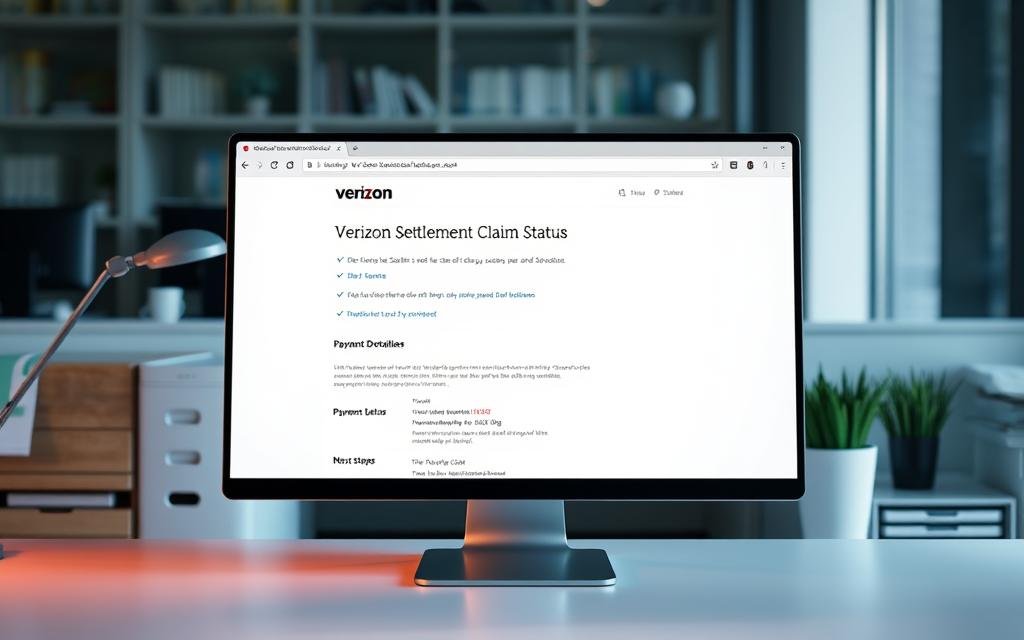 A clean, minimalist desktop interface displaying a web browser window with the "Verizon Settlement Claim Status" page. The page features a simple, user-friendly layout with clear sections for checking claim status, payment details, and next steps. Soft lighting casts a warm glow over the scene, creating a calming and professional atmosphere. The composition is balanced, with the browser window taking up the majority of the frame, surrounded by a subtle background of office furnishings. The overall tone is one of efficiency and transparency, reflecting the practical nature of the subject matter.