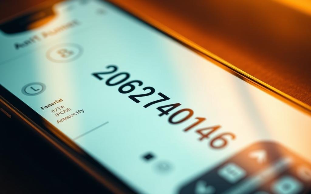 A close-up photograph of a modern smartphone screen displaying various phone number information. The display shows a large, centrally-placed phone number "2062740146" in a clear, bold font. Around the number are smaller details such as a location, time, and contextual graphics like an area code or city map. The lighting is warm and natural, creating a soft, inviting atmosphere. The composition places the phone number as the focal point, with the surrounding details framing it elegantly. The image has a realistic, documentary-style aesthetic, conveying a sense of authenticity and practical utility.