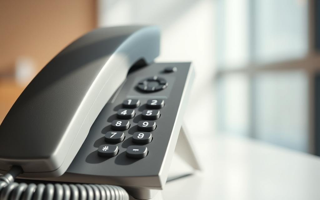 A close-up shot of a landline telephone handset against a blurred office background. The handset is in a neutral grey color, with a keypad and buttons clearly visible. Soft, natural lighting illuminates the scene, casting gentle shadows and highlights. The background is slightly out of focus, with muted tones of beige and grey, suggesting a professional office environment. The overall mood is one of calm and simplicity, conveying the concept of a customer service number as a reliable point of contact.