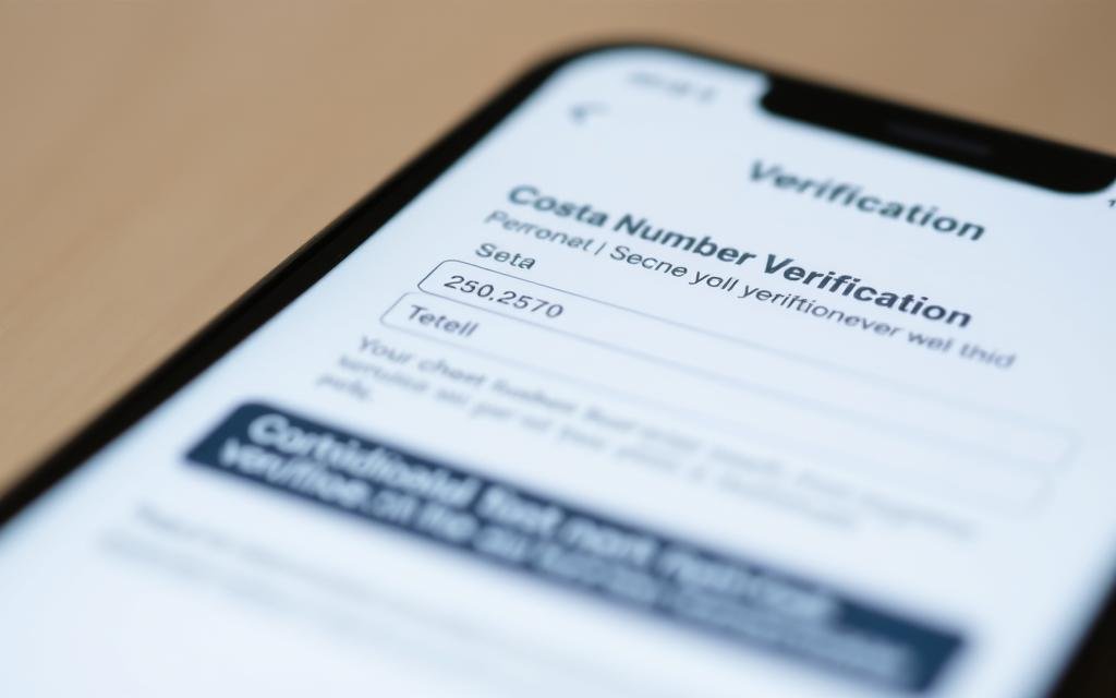 A close-up shot of a mobile phone screen displaying a legitimate contact number verification process. The screen shows a detailed form with fields for entering personal information, a secure authentication method, and a progress bar indicating the verification is in progress. The lighting is soft and even, creating a professional and trustworthy atmosphere. The angle is slightly tilted to draw the viewer's attention to the verification details. The background is blurred, keeping the focus on the verification process.