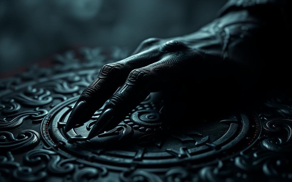 A close-up view of Ryomen Sukuna's final finger, resting on a dark, intricate surface. The finger is rendered in striking detail, with a menacing presence that exudes a sense of power and foreboding. The lighting is dramatic, with deep shadows and highlights that accentuate the finger's ominous and imposing nature. The background is hazy and obscured, allowing the viewer to focus solely on the captivating and unsettling subject. The overall atmosphere conveys a sense of tension and the impending climax of a momentous event, as if the finger holds the key to Sukuna's ultimate fate.