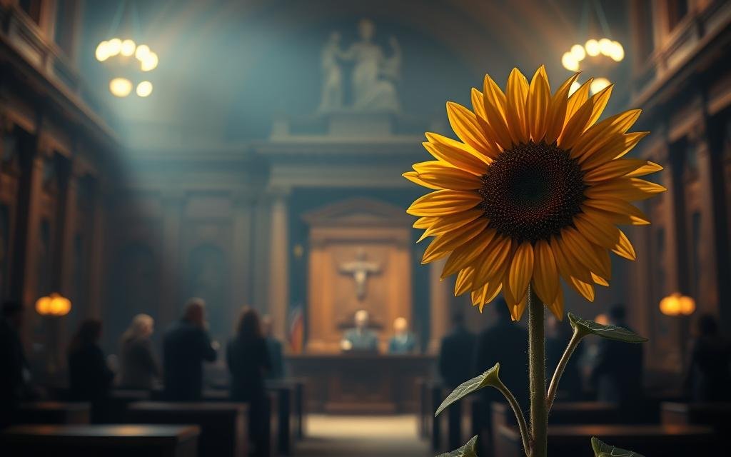 A courtroom setting, dimly lit with soft, warm lighting. In the foreground, a single sunflower stands tall, its petals unfurling with a sense of rebirth and resilience. The flower casts a gentle glow, illuminating the proceedings in the middle ground, where figures engage in a tense legal battle. The background is hazy, with the outline of a grand, ornate structure suggesting an air of gravity and significance. The overall mood is one of transformation, as the sunflower symbolizes a turning point in the narrative, a moment of revelation and renewal amidst the high-stakes drama unfolding.
