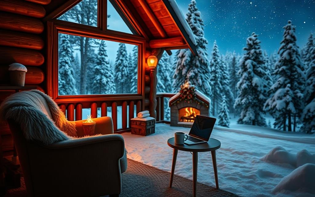A cozy, rustic cabin nestled in a snow-covered forest, with a warm glow emanating from the windows. In the foreground, a plush armchair sits by a crackling fireplace, inviting the viewer to curl up and escape the winter chill. The mid-ground features a small table with a laptop and a mug of hot coffee, suggesting a remote work setup. In the background, a panoramic window offers a breathtaking view of the snow-capped pines and a starry night sky. The overall scene conveys a sense of tranquility, solitude, and the comfort of being disconnected from the outside world, capturing the essence of "cabin fever" in a cinematic and visually appealing manner.
