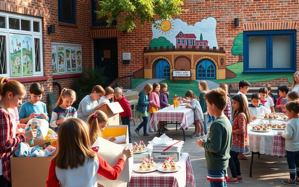 A cozy schoolyard scene, with students engaged in a goodwill event. In the foreground, a group of young volunteers sorts and packs donated supplies into colorful boxes. The middle ground features a bake sale, with homemade treats displayed on quaint tablecloths. In the background, a vibrant mural depicting scenes of school life adorns the brick walls, casting a warm, hopeful glow over the proceedings. Soft, natural lighting illuminates the activity, conveying a sense of community and camaraderie. The overall atmosphere is one of joy, cooperation, and a school's commitment to making a positive impact beyond the classroom.