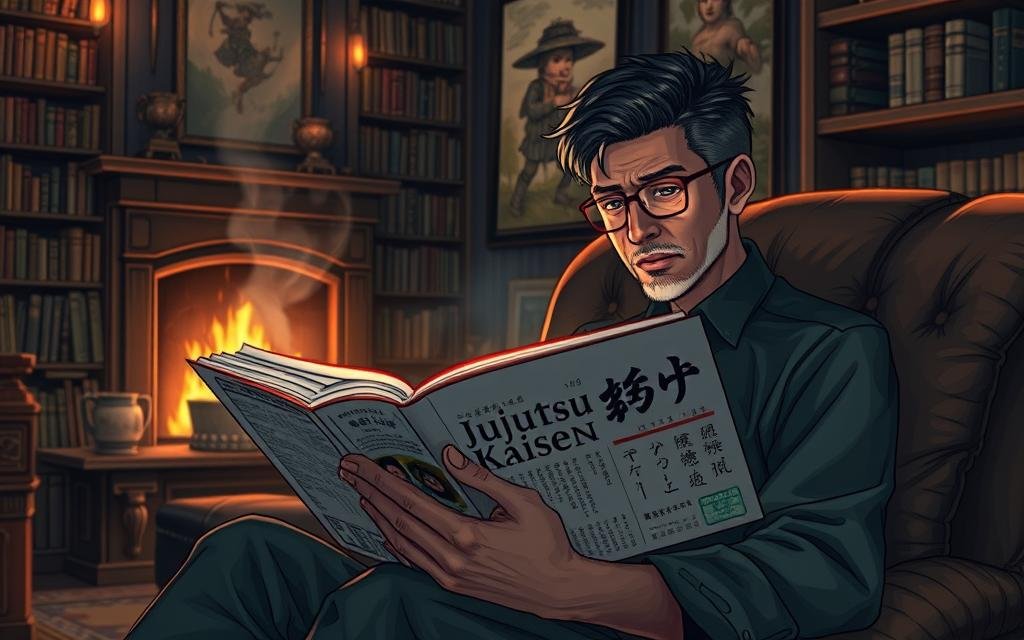A cozy study with soft, warm lighting illuminating a reader deeply immersed in the pages of the Jujutsu Kaisen manga. The reader is seated in a comfortable armchair, fingers gently caressing the book's spine, their expression one of focused contemplation. The room is filled with the inviting scent of freshly brewed tea and the gentle hum of a crackling fireplace. Bookshelves line the walls, hinting at a vast collection of literary treasures. The atmosphere is one of tranquility and intellectual engagement, inviting the viewer to join the reader on this captivating journey through the world of Jujutsu Kaisen.