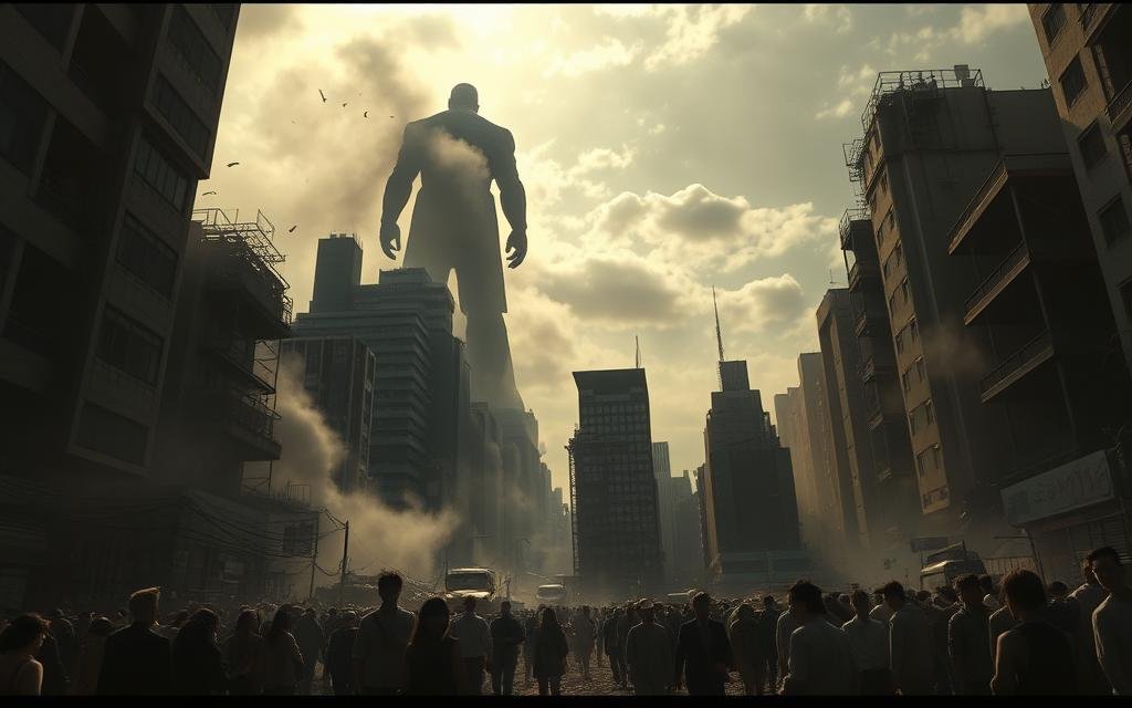 A dark, cinematic scene of the Shibuya Incident from Jujutsu Kaisen. In the foreground, a towering figure emerges from a haze of smoke and debris, its menacing presence casting long shadows across the ravaged cityscape. The middle ground is a chaotic tangle of crumbling buildings, shattered glass, and fleeing citizens, their faces etched with terror. In the distance, the sky is tinged with an eerie, ominous glow, hinting at the cataclysmic events unfolding. The lighting is dramatic, with harsh shadows and highlights that emphasize the gravity and intensity of the situation. The camera angle is low, lending a sense of overwhelming scale and power to the scene. The overall mood is one of grief, uncertainty, and the relentless march of a force that cannot be stopped.