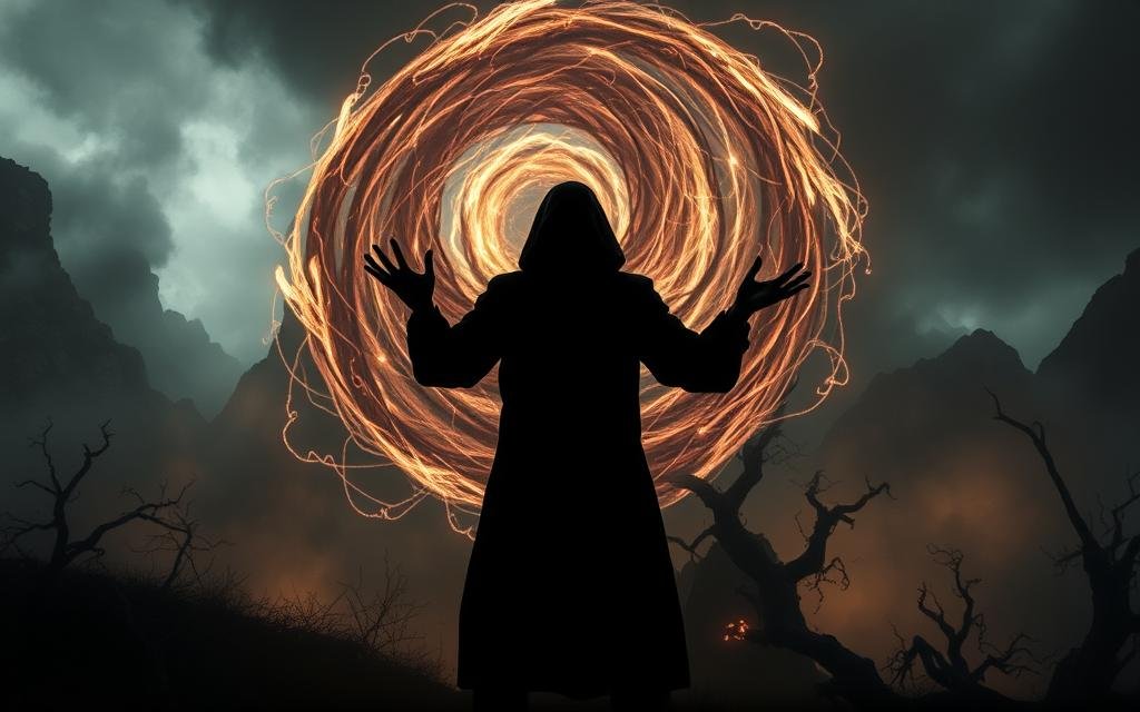 A dark, ominous energy swirls around a cursed technique, its coils of ethereal power twisting and pulsing with an unsettling rhythm. In the foreground, a shadowy figure stands resolute, their hands outstretched, channeling the technique's malevolent essence. The middle ground is shrouded in a hazy, eerie atmosphere, as if the very air is charged with supernatural dread. In the background, a forbidding landscape looms, its jagged peaks and twisted trees suggesting a realm beyond the mortal world. The lighting is dramatic, casting deep shadows and highlighting the technique's sinister glow. The lens captures the scene with a cinematic, wide-angle perspective, emphasizing the sense of scale and the overwhelming power of the cursed technique.