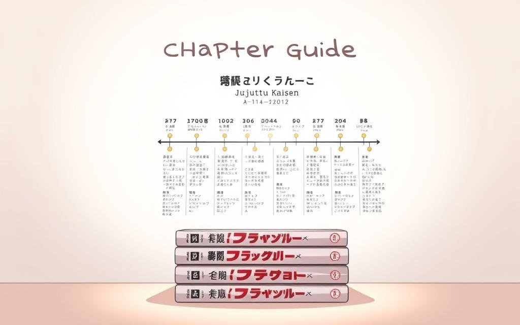 A detailed illustration of a "Jujutsu Kaisen" chapter guide, featuring a clean, minimalist layout. In the foreground, a stack of manga volumes with the "Jujutsu Kaisen" logo prominently displayed, surrounded by various manga chapter icons and symbols. The middle ground showcases a timeline or chapter breakdown, with clear delineations between major story arcs and key events. The background is a soft, muted gradient, creating a sense of depth and focus on the central guide elements. Lighting is gentle and diffused, with a subtle glow emanating from the manga volumes. The overall mood is informative, organized, and visually appealing, suitable for an article on reading the "Jujutsu Kaisen" manga. A detailed illustration of a "Jujutsu Kaisen" chapter guide, featuring a clean, minimalist layout. In the foreground, a stack of manga volumes with the "Jujutsu Kaisen" logo prominently displayed, surrounded by various manga chapter icons and symbols. The middle ground showcases a timeline or chapter breakdown, with clear delineations between major story arcs and key events. The background is a soft, muted gradient, creating a sense of depth and focus on the central guide elements. Lighting is gentle and diffused, with a subtle glow emanating from the manga volumes. The overall mood is informative, organized, and visually appealing, suitable for an article on reading the "Jujutsu Kaisen" manga.