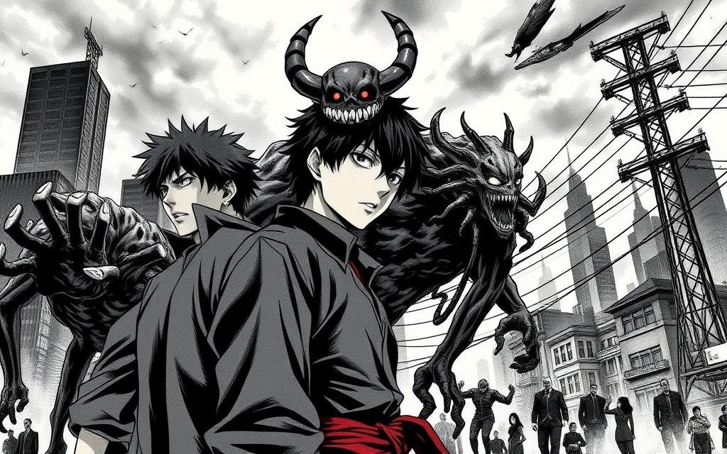 A detailed manga panel showcasing the iconic characters from the popular anime series "Jujutsu Kaisen". In the foreground, Yuji Itadori and Megumi Fushiguro stand side-by-side, their expressions resolute as they prepare for battle. Intricate shading and dynamic linework capture the gritty, supernatural aesthetic of the series. In the middle ground, cursed spirits loom ominously, their twisted forms and eerie glowing eyes adding a sense of dread and tension. The background is a moody, atmospheric cityscape, with skyscrapers and power lines casting dramatic shadows, evoking the series' dark, urban setting. The lighting is dramatic, with high contrast and deep shadows, heightening the intense, cinematic mood. The overall composition and attention to detail create a compelling, immersive image that captures the essence of "Jujutsu Kaisen".