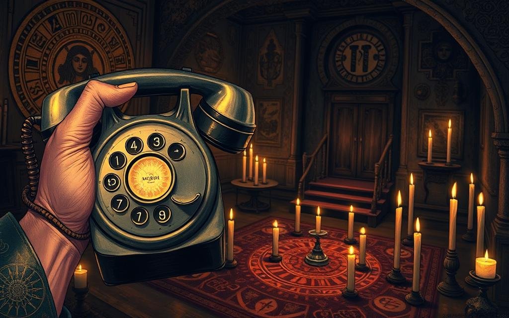 A detailed, richly textured illustration depicting the cultural significance of a mysterious phone number. In the foreground, a hand holds a vintage rotary phone, its cord curving elegantly. The dial glows with an otherworldly light, hinting at the number's hidden power. In the middle ground, intricate iconography and symbols swirl, representing the number's connections to ancient traditions and mystical beliefs. The background reveals a dimly lit ritual chamber, candles flickering, casting long shadows that suggest the number's deep, esoteric meaning. Dramatic chiaroscuro lighting imbues the scene with an air of mystery and veneration, inviting the viewer to ponder the profound cultural resonance of this seemingly ordinary phone number.