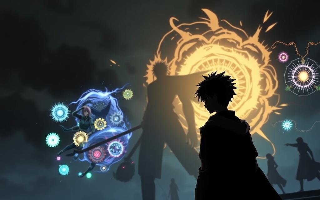 A detailed scene from the Jujutsu Kaisen 0 anime film, showcasing the distinct visual styles and narrative arcs of the prequel and the main Jujutsu Kaisen series. In the foreground, the dark, moody atmosphere of Jujutsu Kaisen 0 is captured, with Yuta Okkotsu, the protagonist, standing solemnly against a backdrop of ominous shadows and muted colors. In the middle ground, the more vibrant and dynamic action of the main Jujutsu Kaisen series is represented, with characters like Yuji Itadori and Megumi Fushiguro engaged in intense magical battles. The background seamlessly blends the two worlds, hinting at the interconnected narratives and the order in which the stories unfold. The lighting is a mix of chiaroscuro, casting dramatic shadows and highlighting the contrast between the two series. The camera angle is slightly tilted, adding a sense of unease and the weight of the narrative.