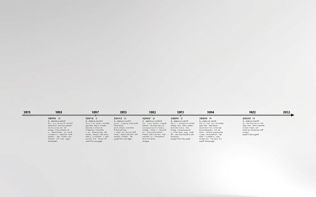 A detailed timeline depicting the key manga release dates of the Jujutsu Kaisen series. Set against a clean, minimalist backdrop, the timeline unfolds in a crisp, linear fashion, with each milestone marked by concise yet informative text. The layout is meticulously organized, with a sleek, modern aesthetic that complements the subject matter. Soft lighting gently illuminates the composition, creating a sense of clarity and focus. The overall mood is one of informative precision, allowing the viewer to easily grasp the chronology of this acclaimed manga's development.