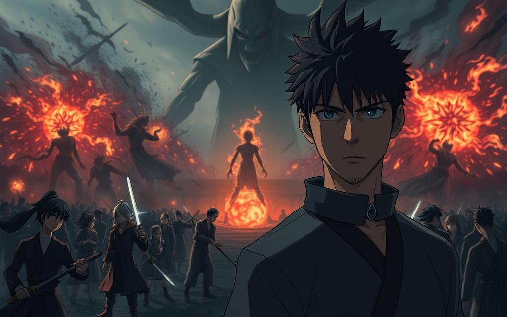 A dimly lit, cinematic scene of the climactic conclusion to the Jujutsu Kaisen story. In the foreground, the main protagonist Yuji Itadori stands resolute, his brow furrowed with determination. Behind him, a chaotic battle rages, with sorcerers and cursed spirits clashing in a whirlwind of energy and spectacle. The middle ground features the series' supporting cast, their expressions a mix of triumph and sorrow as they witness the fateful events unfolding. In the distant background, a looming, ominous presence casts an eerie shadow over the entire scene, hinting at the profound impact of the ending on the world of Jujutsu Kaisen. The lighting is dramatic, with moody shadows and highlights accentuating the gravity of the moment. The overall mood is one of tension, resolution, and a bittersweet farewell to a beloved series.