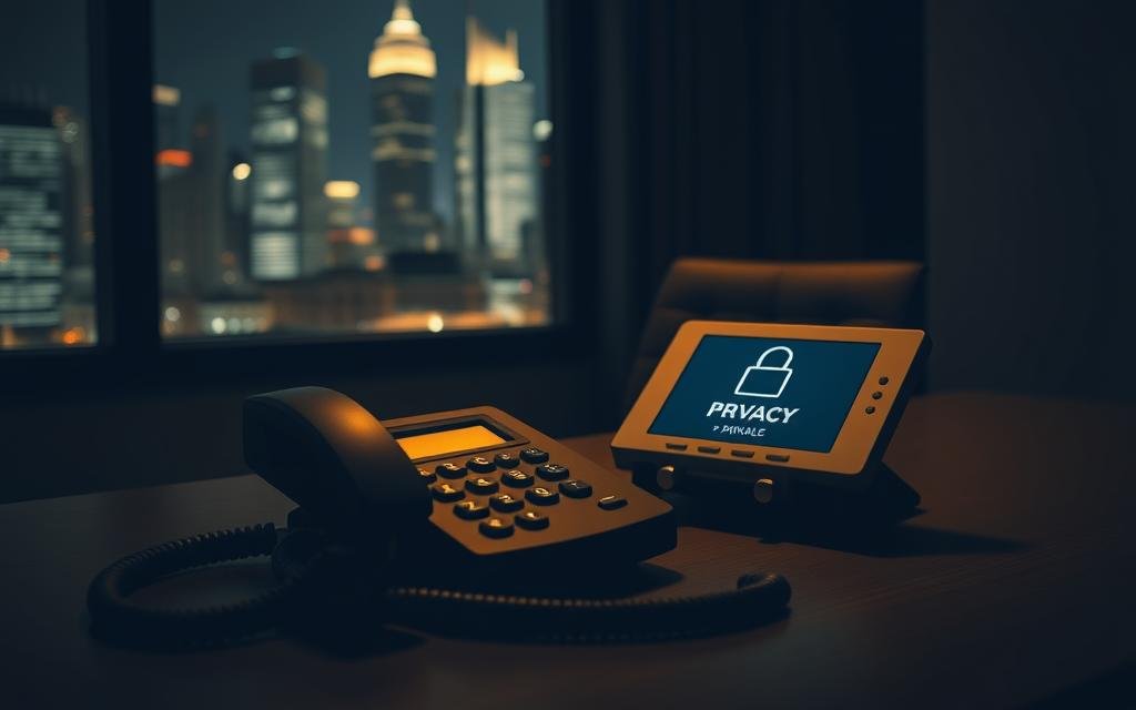 A dimly lit office with a phone on the desk, its cord snaking across the surface. The phone's display shows a privacy warning icon, indicating potential security risks. In the background, a window reveals a cityscape at night, the lights of skyscrapers twinkling in the distance. The room is cast in a warm, subdued lighting, creating a sense of unease and concern. The overall atmosphere suggests the need for discretion and caution when using this phone number, with the privacy icon serving as a subtle yet powerful symbol of the potential risks involved.