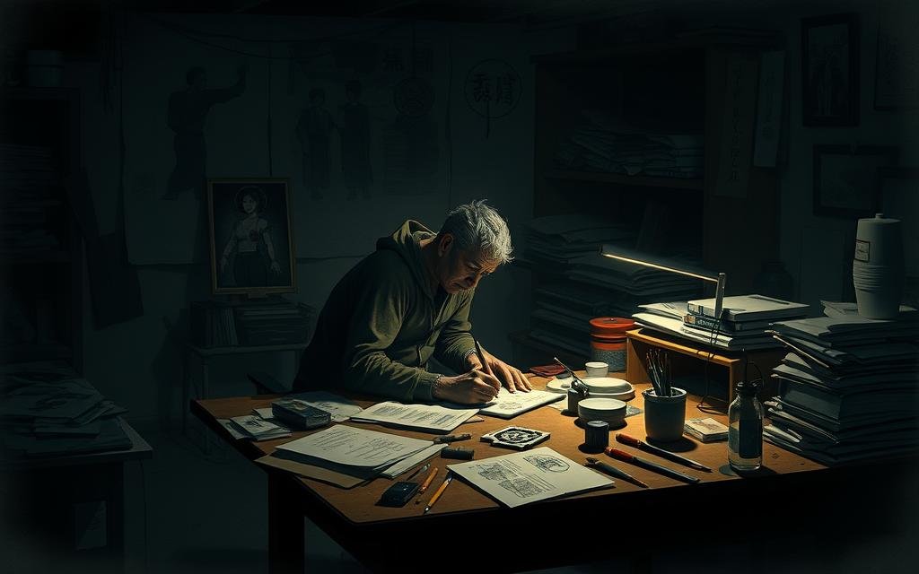A dimly lit studio, the artist's workspace. Gege Akutami, the visionary behind Jujutsu Kaisen, sits hunched over a desk, pen in hand, meticulously crafting the intricate world of curses and sorcery. Scattered around are sketches, notes, and the tools of his trade - brushes, inks, and a tablet. Ambient light casts dramatic shadows, creating an atmosphere of focused intensity. The background is hazy, suggesting the depth of Akutami's imagination and the vast, mysterious realm of Jujutsu Kaisen. The scene conveys the sense of a creator deeply immersed in their craft, shaping the narrative and characters that have captivated audiences worldwide.