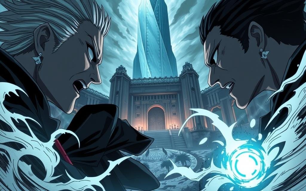 A dramatic, cinematic scene depicting the climactic events of Jujutsu Kaisen manga chapter 271. In the foreground, a tense confrontation between the series' main protagonist and a powerful antagonist, their faces etched with determination and conflict. Midground, the vast, mystical world of Jujutsu Sorcery unfolds, with swirling energy currents and ominous shadows. In the background, a towering, otherworldly structure looms, its architectural design a blend of ancient and futuristic elements. Dramatic lighting casts deep shadows, heightening the sense of gravity and high stakes. The composition is balanced, drawing the viewer's eye to the focal point of the characters' clash. An atmosphere of suspense, danger, and the weight of destiny permeates the scene.