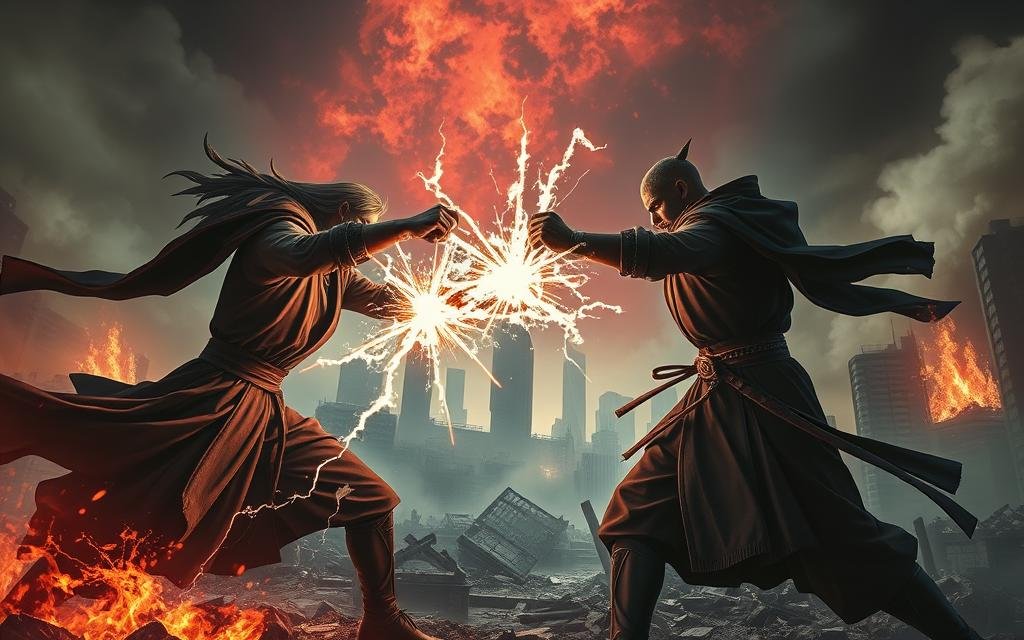 A dramatic scene of two powerful sorcerers dueling in a vast, ruined cityscape. In the foreground, bolts of energy crackle between their clashing techniques, their expressions intense with focus. The middle ground reveals the devastation around them - crumbling skyscrapers, smoldering debris, and a sense of high-stakes confrontation. The background is shrouded in an ominous atmosphere, with swirling mists and an ominous, blood-red sky, conveying the gravity and consequence of this "Culling Game" showdown. Cinematic lighting casts dramatic shadows, emphasizing the sheer power and technique on display. Capture the intensity, tension, and sense of a climactic turning point in the Jujutsu Kaisen saga.