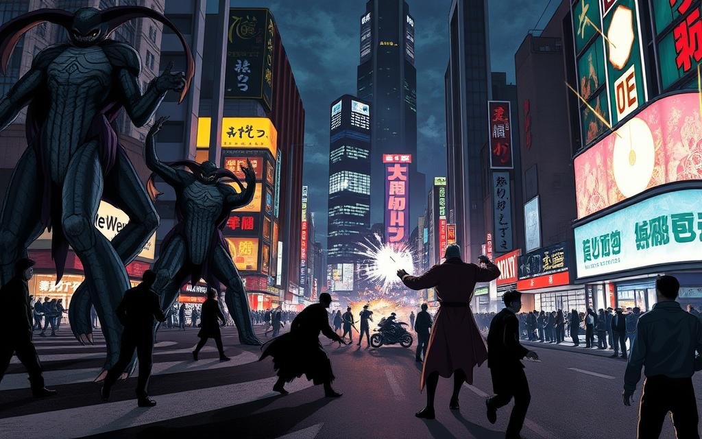 A dramatic street scene in Shibuya, Tokyo, during the climactic "Shibuya Incident" from the Jujutsu Kaisen manga. In the foreground, towering figures of cursed spirits loom menacingly, their sinister presence casting long shadows across the ground. In the middle ground, a group of powerful sorcerers engaged in intense battle, their techniques illuminating the night sky with flashes of supernatural energy. The background depicts the iconic Shibuya Crossing, its neon-lit skyscrapers and bustling crowds now abandoned, creating a sense of eerie desolation. The overall scene conveys a palpable sense of high-stakes conflict and the emotional weight of the pivotal events unfolding. Cinematic lighting and a dynamic camera angle heighten the dramatic impact.