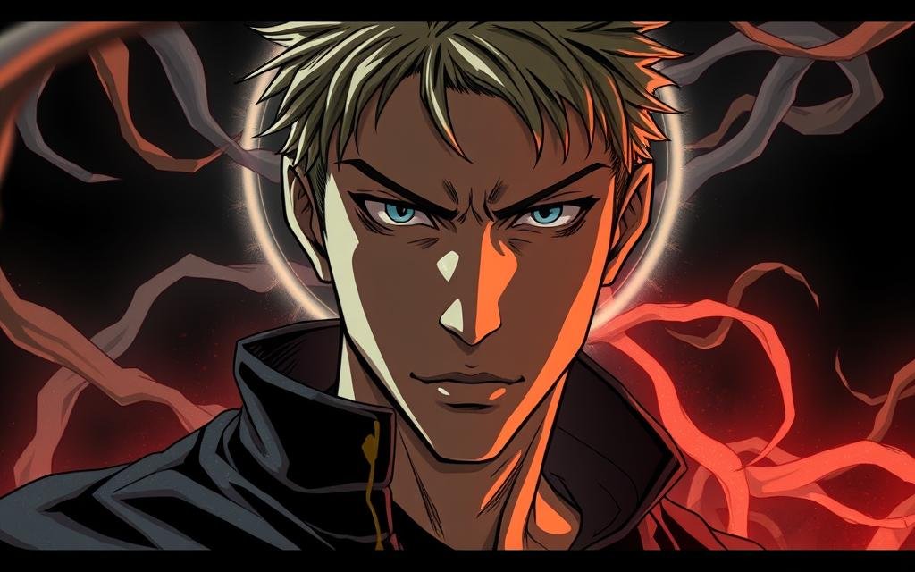 A dynamic close-up of Yuji Itadori, the protagonist of the Jujutsu Kaisen manga, framed by a striking background. In the foreground, Yuji's intense gaze and resolute expression command attention, conveying the determination that defines his journey. The middle ground features a subtle, ethereal halo or aura surrounding Yuji, hinting at the supernatural forces that shape his destiny. In the background, swirling ribbons of energy or cursed power create a sense of mystique and foreboding, reflecting the series' dark and fantastical themes. Dramatic lighting casts dramatic shadows, heightening the sense of drama and tension. The overall composition and mood evoke the captivating spirit of the Jujutsu Kaisen manga, framing Yuji as a central, pivotal figure at the heart of the story.