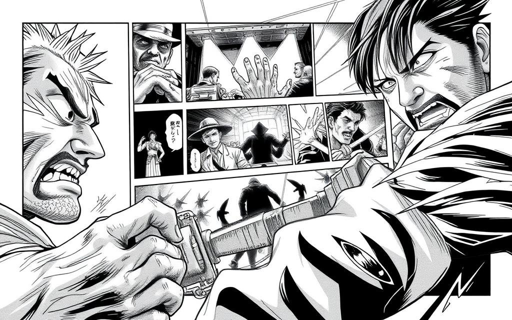 A dynamic manga panel layout showcasing JJK's captivating art style. In the foreground, detailed character expressions and dynamic poses convey the emotional intensity of the scene. The middle ground features intricate panel compositions, utilizing creative angles and framing to heighten the dramatic impact. In the background, a cinematic lighting setup casts dramatic shadows, adding depth and a sense of atmosphere. The overall tone is one of raw, visceral energy, reflecting the action-packed nature of the JJK universe. Delicate linework, bold shading, and a muted color palette come together to create a visually stunning and immersive manga experience.