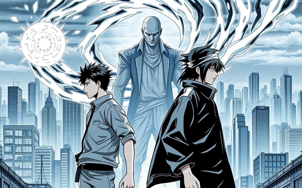 A dynamic manga panel showcasing the iconic characters of Jujutsu Kaisen, the shonen sensation. In the foreground, Yuji Itadori and Megumi Fushiguro stand back-to-back, their expressions resolute as they confront a swirling vortex of cursed energy. Detailed textures and dynamic linework capture the distinct visual style of the manga. In the middle ground, Satoru Gojo looms, his powerful presence emanating an ethereal glow. The background features a sprawling cityscape, skyscrapers piercing the sky, reflecting the rich urban setting of the series. Cinematic lighting accentuates the dramatic tension, casting dramatic shadows and highlights. The overall composition conveys the thrilling, supernatural essence of the beloved Jujutsu Kaisen manga.