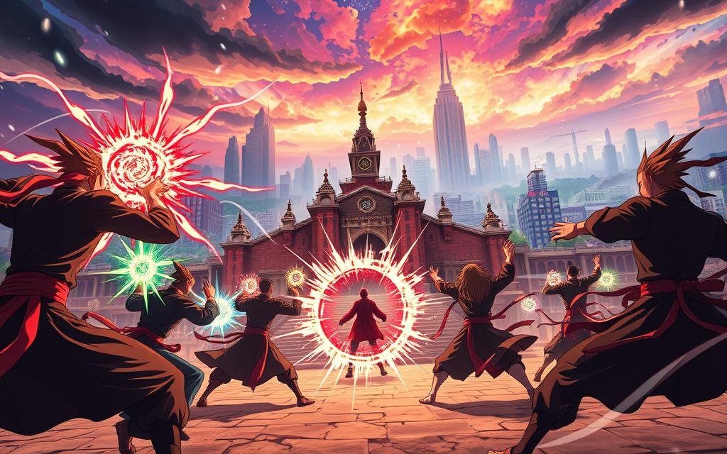 A dynamic scene of the Jujutsu Kaisen anime universe, showcasing the intensity and spectacle of the series in 2025. In the foreground, a group of skilled jujutsu sorcerers engage in a thrilling battle, their techniques creating a dazzling display of magical energy. In the middle ground, the iconic Jujutsu High School stands tall, surrounded by a bustling cityscape. The background is a stunning, otherworldly landscape, with towering cityscapes and a vibrant, supernatural sky. The lighting is dramatic, casting deep shadows and highlighting the power and drama of the scene. The camera angle is dynamic, capturing the action from a low, immersive perspective, drawing the viewer into the heart of the Jujutsu Kaisen world.