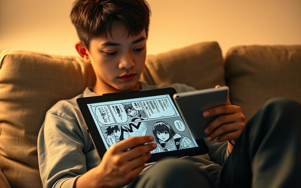 A focused young person sitting comfortably on a couch, immersed in reading a Jujutsu Kaisen manga on a high-resolution tablet device. The lighting is warm and soft, creating a cozy, relaxed atmosphere. The background is subtly blurred, drawing the viewer's attention to the reader's engaged expression and the details of the manga panel on the screen. The composition is balanced, with the reader occupying the foreground and the tablet device central in the frame. The scene conveys a sense of personal enjoyment and immersion in the captivating world of Jujutsu Kaisen. A focused young person sitting comfortably on a couch, immersed in reading a Jujutsu Kaisen manga on a high-resolution tablet device. The lighting is warm and soft, creating a cozy, relaxed atmosphere. The background is subtly blurred, drawing the viewer's attention to the reader's engaged expression and the details of the manga panel on the screen. The composition is balanced, with the reader occupying the foreground and the tablet device central in the frame. The scene conveys a sense of personal enjoyment and immersion in the captivating world of Jujutsu Kaisen.