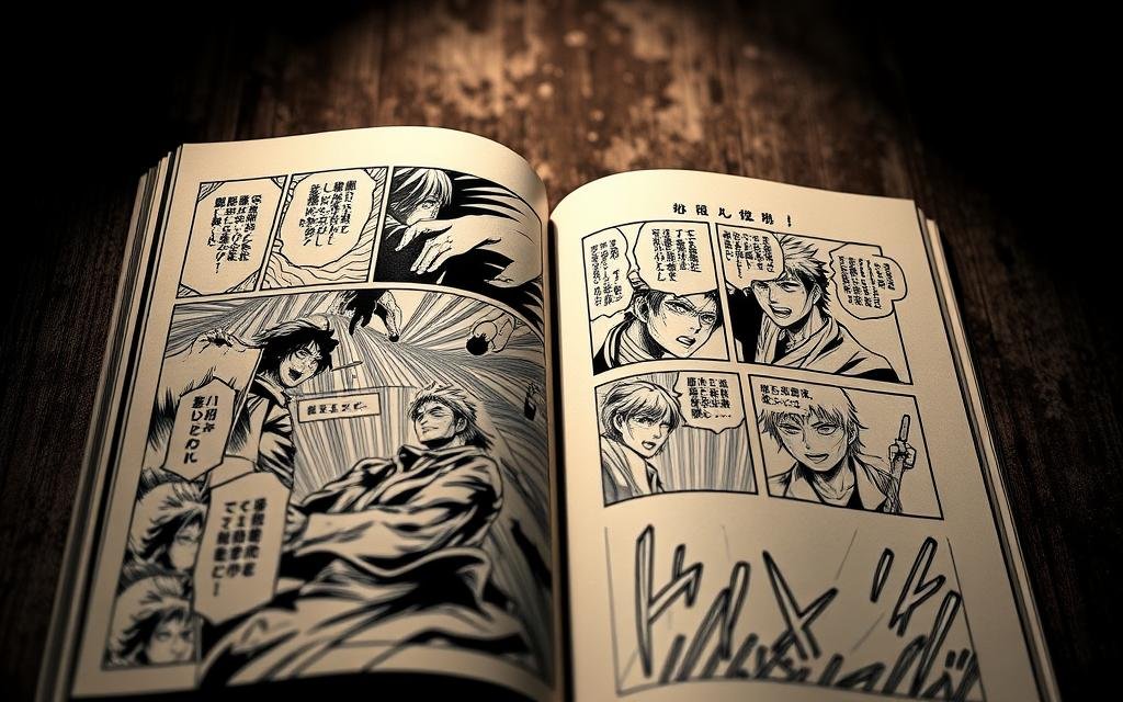 A high-contrast, dynamic composition depicting the pages of a Jujutsu Kaisen manga chapter. In the foreground, a large panel showcasing an intense battle scene with detailed character expressions and dynamic body poses. The middle ground features smaller panels highlighting key narrative moments, drawn with intricate linework and vibrant colors. The background is a blurred, textured backdrop evoking the feel of a manga page, with subtle gradients and organic patterns. Dramatic lighting casts deep shadows, creating a moody, cinematic atmosphere that heightens the drama and action on the page. A high-contrast, dynamic composition depicting the pages of a Jujutsu Kaisen manga chapter. In the foreground, a large panel showcasing an intense battle scene with detailed character expressions and dynamic body poses. The middle ground features smaller panels highlighting key narrative moments, drawn with intricate linework and vibrant colors. The background is a blurred, textured backdrop evoking the feel of a manga page, with subtle gradients and organic patterns. Dramatic lighting casts deep shadows, creating a moody, cinematic atmosphere that heightens the drama and action on the page.