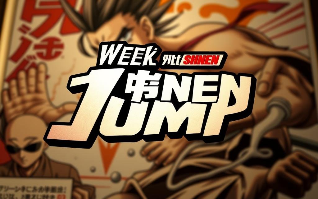 A high-quality, meticulously rendered image of the iconic Weekly Shōnen Jump logo prominently displayed in the foreground, set against a detailed background featuring the Jujutsu Kaisen manga cover art. The logo should be illuminated by warm, directional lighting, casting subtle shadows and highlights to create a sense of depth and dimensionality. The Jujutsu Kaisen artwork in the background should be beautifully rendered, capturing the dynamic, action-packed essence of the series. The overall composition should convey the importance and influence of Weekly Shōnen Jump in the publication and success of the Jujutsu Kaisen manga.