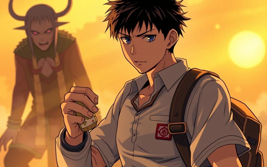 A high school student, Yuji Itadori, stands resolute, his expression a mix of determination and unease, as he faces the imminent threat of cursed spirits. Clad in his school uniform, he grips a talisman tightly, his body poised for action, ready to confront the supernatural forces that have invaded his world. The scene is bathed in a warm, golden light, casting dramatic shadows that accentuate Yuji's features and the tension of the moment. The background is a hazy, dreamlike realm, hinting at the otherworldly nature of the challenges he must overcome. The overall mood is one of suspense and the weight of responsibility, capturing the heartbeat of the JJK manga universe.