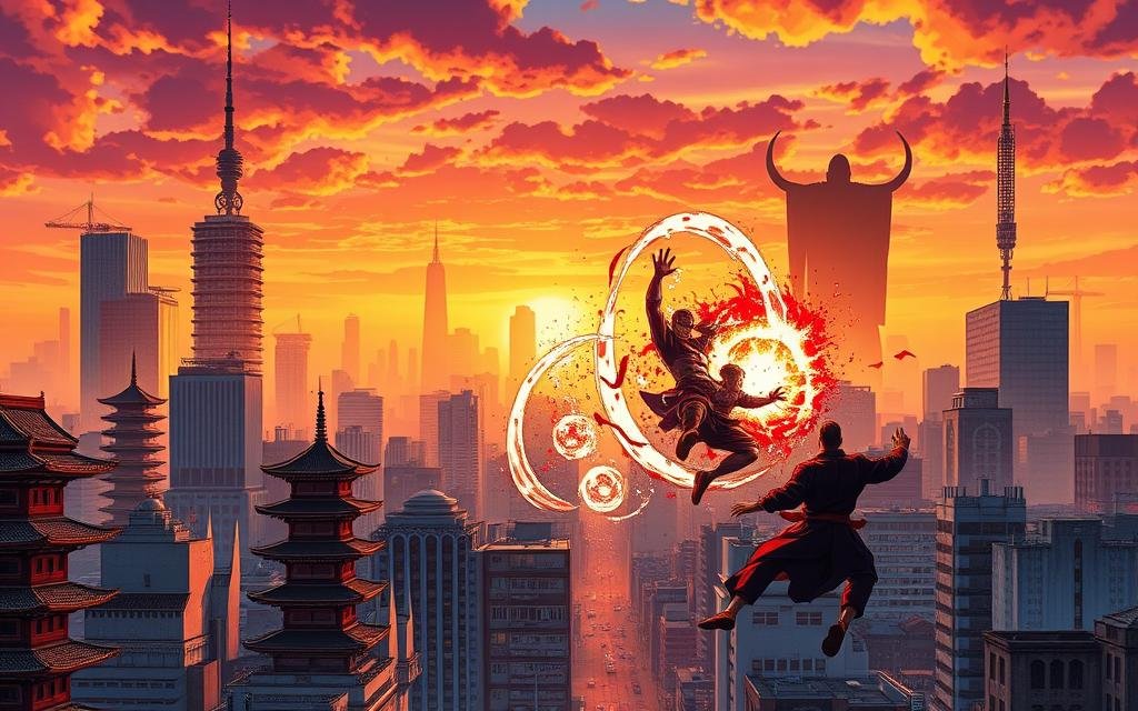 A lush, vibrantly colored cityscape from the world of Jujutsu Kaisen, bathed in warm, golden-hour lighting. In the foreground, the iconic Tokyo skyline stretches out, with towering skyscrapers and ornate temples. In the middle ground, a group of jujutsu sorcerers engage in a dynamic, supernatural battle, their powerful techniques erupting in a dazzling display of energy. In the background, the distinctive silhouette of Sukuna, the fearsome King of Curses, looms ominously. The scene conveys a sense of both the grounded, urban setting and the fantastical, high-stakes world of jujutsu sorcery, capturing the essence of the popular manga series.