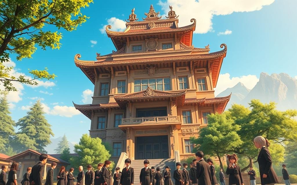 A majestic, ornate building with a distinct Japanese architectural style stands prominently in the foreground, surrounded by lush, verdant trees and a clear blue sky. The building's intricate facade, adorned with elegant carvings and vibrant colors, evokes a sense of power and mysticism. In the middle ground, students in traditional school uniforms gather, their expressions a blend of focus and determination, conveying the seriousness of their studies. The background is hazy, with the faint silhouettes of towering mountains, hinting at the larger world of Jujutsu Sorcery beyond the school's walls. The scene is illuminated by warm, golden lighting, casting a sense of energy and potential onto the entire composition.