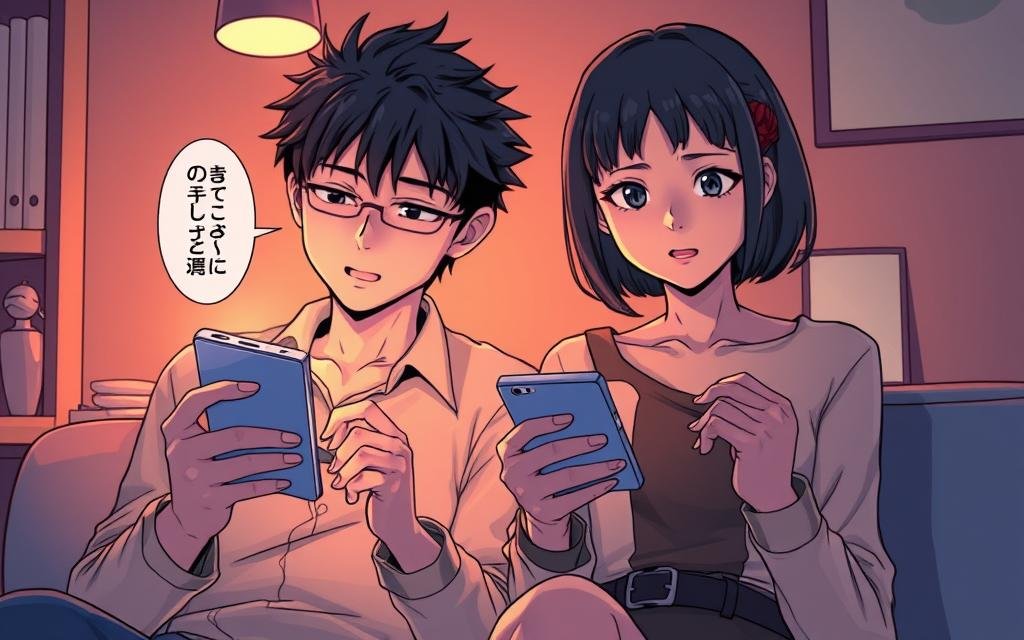 A meticulously detailed panel from the Jujutsu Kaisen manga, showcasing the popular characters Yuji Itadori and Nobara Kugisaki browsing the Comixology and Kindle digital storefronts on their smartphones. The scene is bathed in warm, ambient lighting, creating a cozy, intimate atmosphere. The characters are rendered with a refined, anime-inspired art style, their expressions conveying a sense of contemplation as they navigate the convenient digital purchasing experience. The background features stylized, minimalist details hinting at a modern, technology-focused setting. The overall composition and attention to detail elevate this panel as a visually captivating representation of the "Comixology and Kindle: convenient purchases and long-term ownership" section of the JJK manga article.