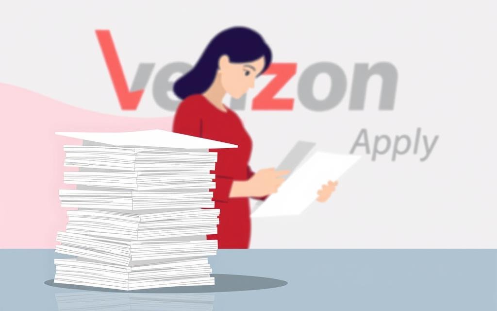 A modern and informative illustration depicting the eligibility requirements for the Verizon settlement payout. In the foreground, a stack of official-looking documents and forms symbolize the application process. In the middle ground, a person is carefully reviewing the paperwork, conveying the importance of accurately completing the required information. The background features a clean, minimalist design with the Verizon logo subtly incorporated, reinforcing the corporate context. The lighting is soft and directional, creating depth and highlighting the key elements. The overall mood is professional, informative, and visually appealing, suitable for inclusion in the article's "Eligibility Requirements for Claimants" section.