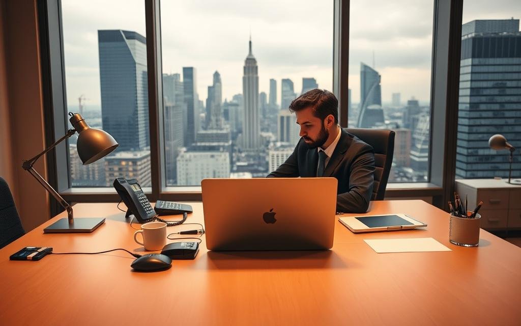 A modern office scene featuring a person's desk, with a laptop, phone, and various office supplies. The desk is in the foreground, with a large window overlooking a city skyline in the background. Warm, diffused lighting illuminates the scene, creating a professional and productive atmosphere. The person is sitting at the desk, intently focused on their laptop screen, searching for information related to the number "2814084487". The composition emphasizes the desk and the person's interaction with the technology, suggesting the everyday nature of this task.