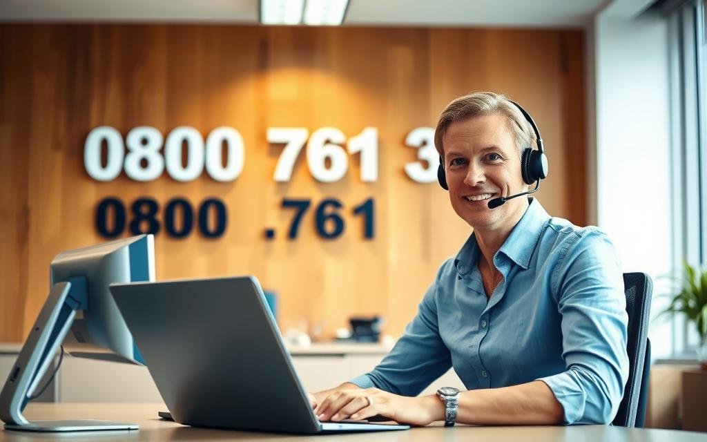 A modern, well-lit office setting with a professional customer service agent sitting at a desk, headset on, working diligently to assist a concerned caller. The agent's expression conveys empathy and a genuine desire to help. In the background, a warm-toned wall displays the 0800 761 3372 support number prominently, reinforcing the importance of the service. The scene is captured with a slightly elevated camera angle, giving a sense of the agent's dedicated focus on providing top-notch assistance. The overall mood is one of reassurance and reliable support.