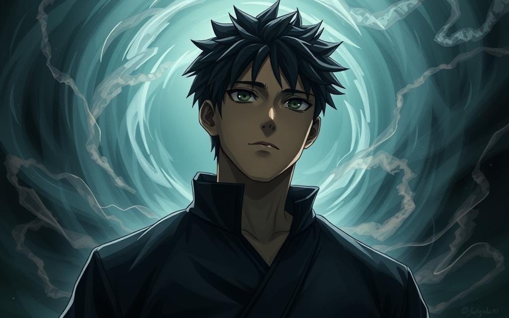 A portrait of Yuji Itadori, the protagonist of Jujutsu Kaisen, standing resolute against a backdrop of swirling cursed energy. Yuji's face reflects a mix of determination and sorrow, his eyes focused with a quiet intensity as he gazes into the distance, contemplating the path ahead. The lighting is dramatic, creating striking contrasts and casting deep shadows that accentuate the weight of his journey. The composition places Yuji in the foreground, his powerful frame commanding attention, while the hazy, ethereal cursed energy swirls dynamically in the middle and background, hinting at the supernatural forces he must navigate. An aura of melancholy and gravitas pervades the scene, capturing Yuji's complex emotional state as he moves forward, bound by duty and loss, to lead a new generation.