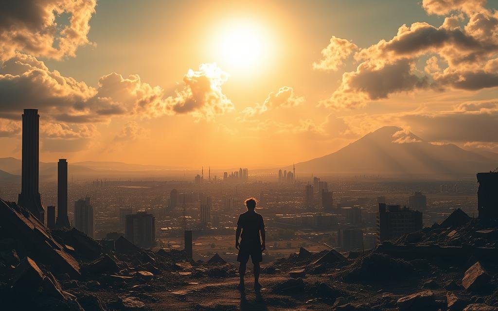 A serene landscape in the aftermath of a great battle, with the sun's golden rays filtering through the clouds. In the foreground, a figure stands amidst the tranquil ruins, a bittersweet expression on their face as they gaze upon the world reborn. The middle ground reveals a vibrant cityscape, its skyline dotted with towering structures, a testament to the resilience and determination of the people. In the distance, a majestic mountain range rises, its peaks capped with pristine snow, a symbol of the enduring strength that will guide the world into a new era. The scene exudes a sense of contemplation and hope, capturing the essence of the epilogue and the promise of a brighter future.