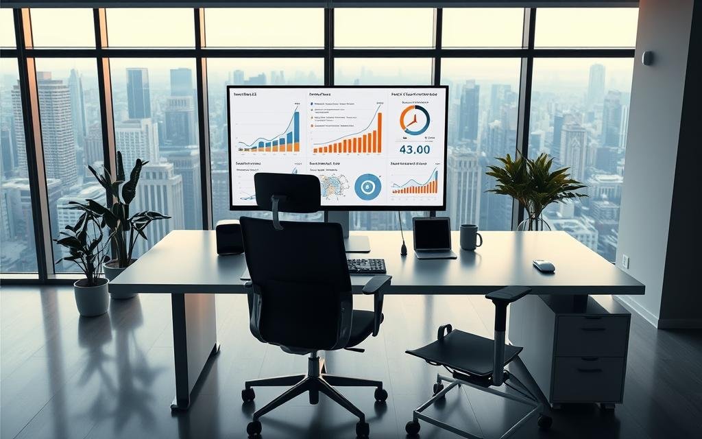 A sleek, modern office workspace with a large desk, ergonomic chair, and state-of-the-art computer setup. On the screen, detailed charts and graphs illustrate the enhanced efficiency and productivity gains of the Immorpos35.3 software. Subtle ambient lighting casts a warm, professional glow, while the background features minimalist decor and floor-to-ceiling windows overlooking a bustling cityscape. The overall atmosphere conveys a sense of focused, streamlined workflow and the transformative impact of the software's powerful capabilities.