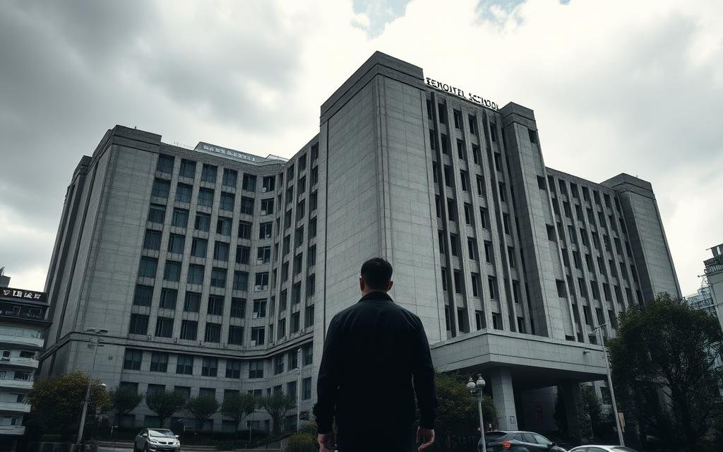 A sprawling, imposing technical school nestled in the heart of Tokyo's bustling metropolis. The facade exudes a sense of foreboding, with angular, brutalist architecture and a towering presence that casts a long shadow over the surrounding streets. Narrow windows peer out like watchful eyes, hinting at the dark secrets that may lie within. The sky above is a moody, overcast canvas, casting a somber, ominous tone. In the foreground, a lone figure stands, their back turned, gazing up at the imposing structure, as if contemplating the mysteries that await. The image radiates a palpable air of occult intrigue, a portal into a world of hidden powers and arcane knowledge.