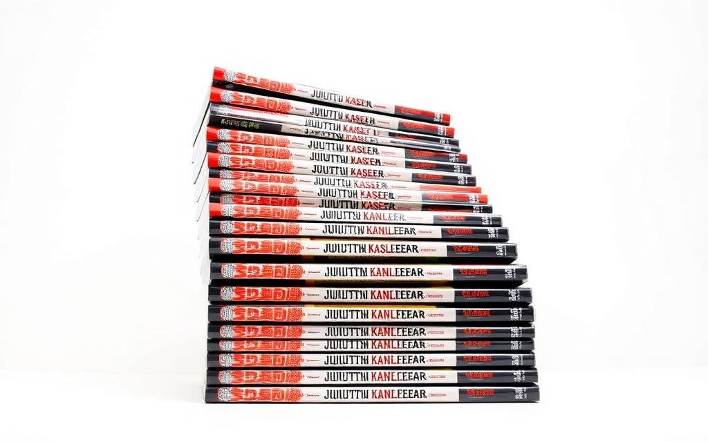 A stack of Jujutsu Kaisen manga volumes, meticulously detailed, showcased in a well-lit studio setup. The volumes are neatly arranged, their glossy covers reflecting the soft studio lighting. The background is a clean, white backdrop, allowing the manga volumes to take center stage. The arrangement conveys a sense of organization and purpose, highlighting the subject matter. The overall composition emphasizes the completeness and scale of the Jujutsu Kaisen manga series, capturing the essence of the "How many volumes are there?" section.
