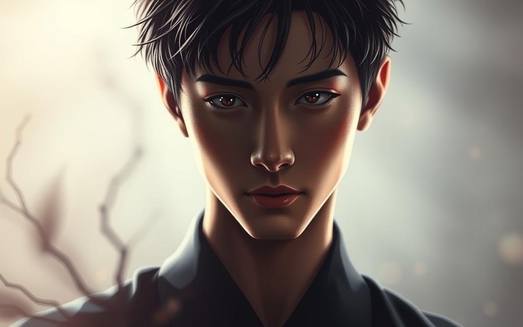 A striking portrait of Satoru Gojo in his youth, captured in a moment of contemplative elegance. The foreground depicts Gojo's serene visage, his captivating eyes gazing with an introspective intensity. Surrounding him, a delicate, minimalist background evokes a sense of tranquility and restraint, hinting at the immense power that lies dormant within. Bathed in soft, diffused lighting, the scene conveys a palpable sense of stillness and introspection, inviting the viewer to glimpse the complex inner world of this iconic Jujutsu Sorcerer. The composition is balanced and refined, echoing the grace and composure that define Gojo's character, even in the depths of his past.