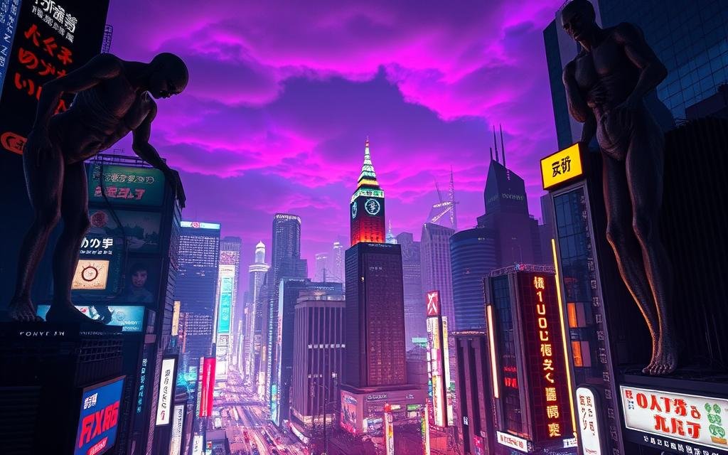 A surreal, dystopian cityscape of Shinjuku, Tokyo, bathed in an eerie, otherworldly glow. In the foreground, towering, inhuman figures loom menacingly, their bodies twisted and distorted, radiating an aura of unsettling power. The middle ground is a kaleidoscope of neon-lit skyscrapers, their sharp edges and angular forms creating a sense of unease. In the distance, the sky is tinged with a deep, ominous purple, hinting at the supernatural forces at play. The lighting is dramatic, casting dramatic shadows and highlights that accentuate the surreal, almost nightmarish quality of the scene. The overall atmosphere is one of foreboding and the sense that something ominous is about to unfold.