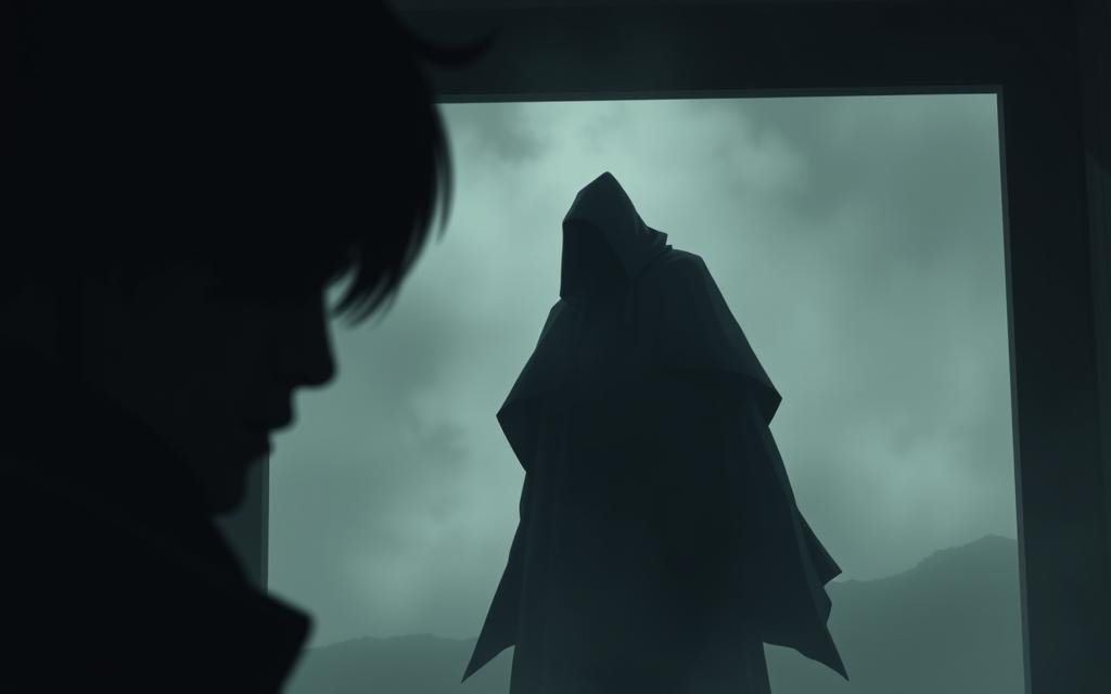 A toji fushiguro cover with a somber, introspective mood, set in a dimly lit room. In the foreground, Toji's face is partially obscured by shadows, conveying a sense of mystery and impending doom. The middle ground features his silhouette, a brooding figure shrouded in an oversized cloak, hinting at his formidable power. The background is a hazy, ethereal landscape, with a sense of melancholy and unease permeating the scene. Soft, moody lighting casts dramatic shadows, adding depth and atmosphere. The overall composition evokes the prelude to Toji's tragic fate, hinting at the weight of his hidden inventory and the inevitability of his premature death.